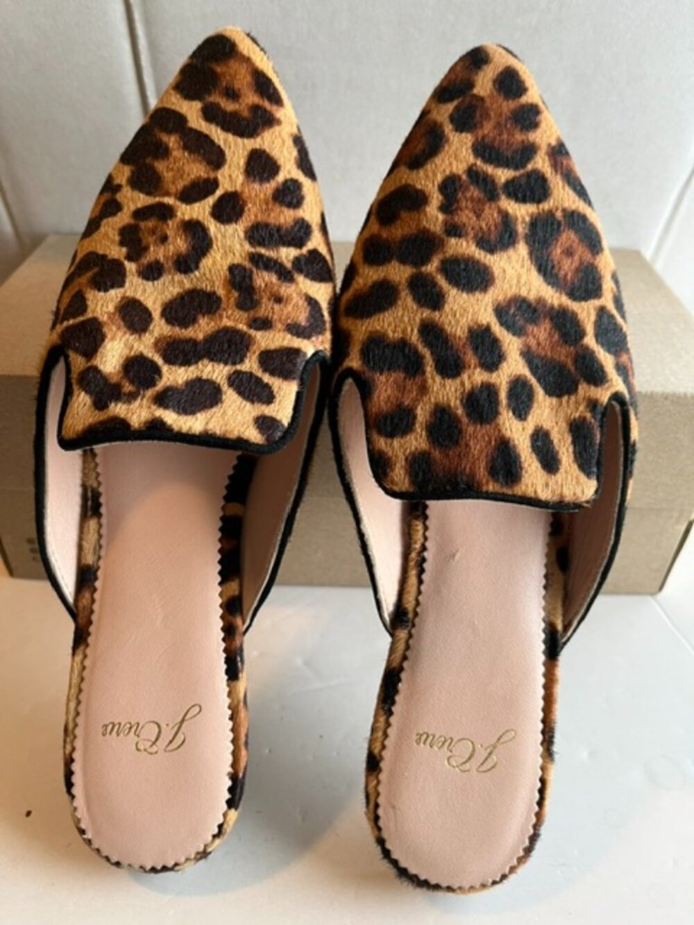 J Crew leopard calf hair mules.